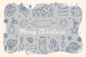 Collection of whimsical illustrations: Christmas decorations, baking tools, and festive items. Cheerful Merry Christmas greetings. Vintage coquette stickers, line art retro holiday clipart set 
