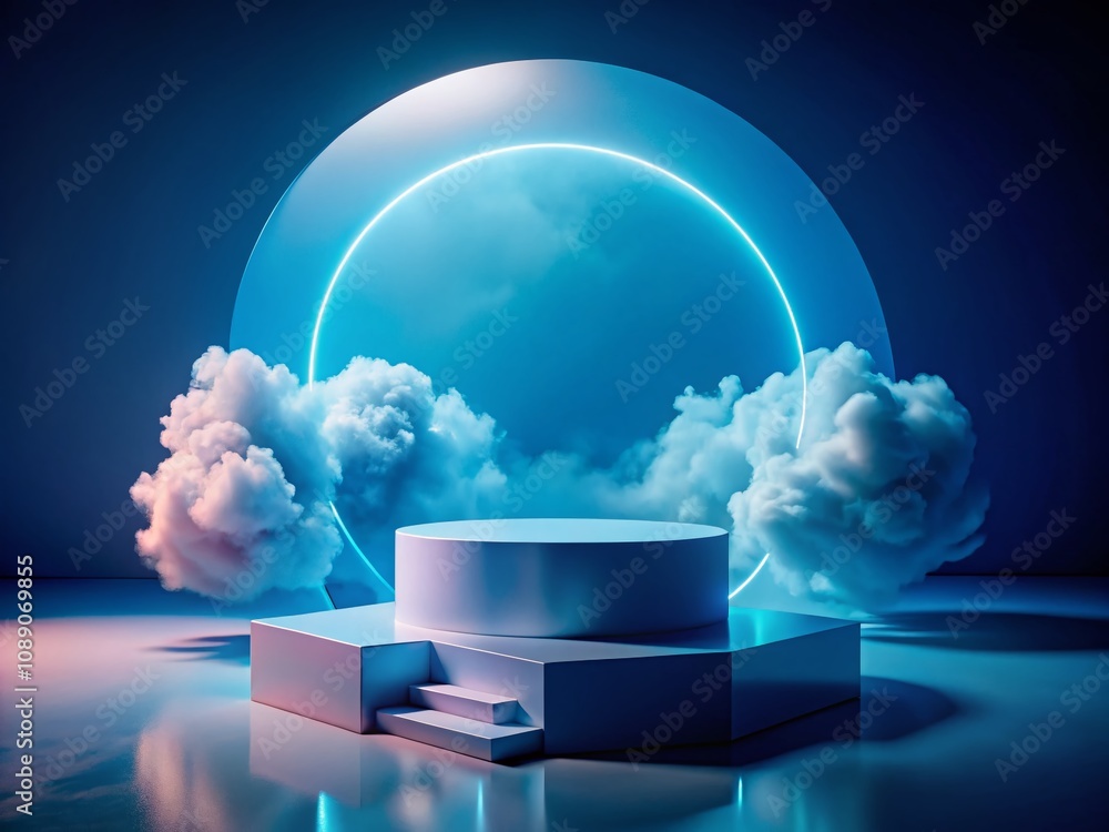 Aufkleber 3d round and cube blue hologram podium with floating cloud background in minimalist design for fashi