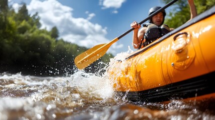 Fototapeta premium Whitewater rafting down a powerful river, with splashing waves and intense action