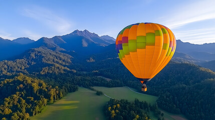 Naklejka premium A hot air balloon festival with vibrant balloons dotting the horizon over a scenic valley