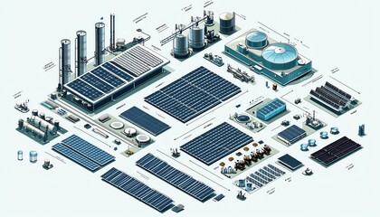 Fototapeta premium Vector illustration of solar energy plant, isometric perspective, solar cell equipment, ongrid inverter system, clean energy infrastructure
