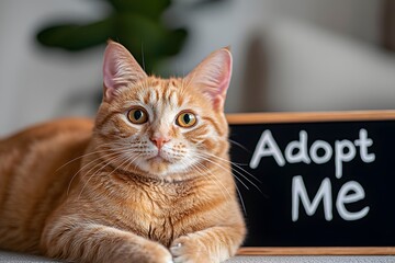 Cute Ginger Cat Near Blackboard with the Phrase ‘Adopt Me’ – A Heartwarming Appeal for Pet Adoption