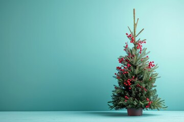 Beautiful green New year white tree with star on the top against blue background. Christmas celebration concept.	