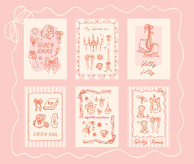 Collection of Merry Christmas cards in trendy coquette style. Girly winter poster design. Bows, ribbons, festive decorative elements, backgrounds, frames. Whimsical hand drawn illustrations, vector