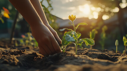 "Close-up shot of a person gardening in a sunny outdoor backyard, focused on planting sprouts and flowers in the sand. The scene emphasizes sustainability and agriculture, highlighting growth, food pr