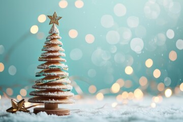 Beautiful New Year white tree with star on the top against bokeh festive background. Christmas celebration concept.	