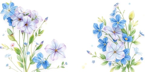 Obraz premium Dainty light purple blooms and vibrant blue flowers are set against a soft white background with delicate green foliage in a beautiful watercolor illustration, white background, natural beauty