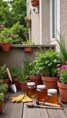Fototapeta premium Balcony garden featuring honey-filled jars and gardening tools