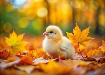 A Charming Yellow Baby Chicken Nestled Among Orange Leaves in a Lush Summer Forest During Rainy Weather