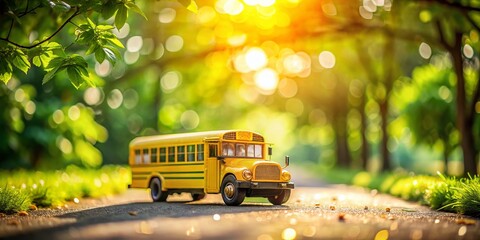 Obraz premium A Charming Yellow School Bus Toy Model on a Serene Country Road, Perfect for Back to School, Education, and Transportation Themes