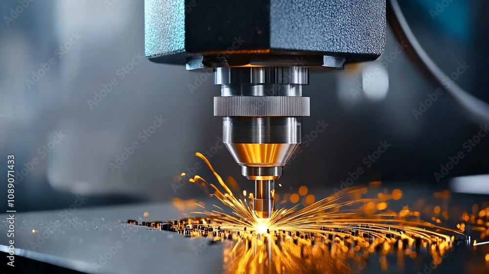Poster precision metal cutting on cnc machine in high-tech factory metalworking process