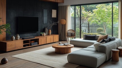 Fototapeta premium Here's a caption and keywords for your stock photo.. Modern living room with sectional sofa, large TV, and wooden media console, overlooking a garden.