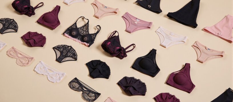 various types of womens panties and bras arranged as a set on a background