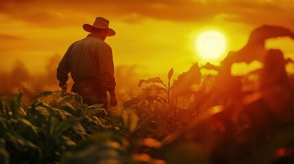 Fototapeta premium Farmer tending crops daily, embodying the steady effort required for growth and harvest.