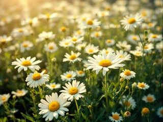 Obraz premium Blooming White Daisy Flowers in Sunlit Meadow at Sunset with Warm Natural Light, Nature Photograph