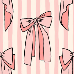 Vector colorful Bow knots, pink gift ribbon bows seamless pattern. Hand drawn bow repeated illustration. Wedding celebration, holiday, party decoration gift, present concept. Girly coquette background