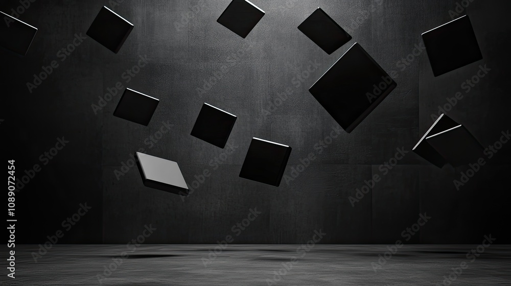 Poster abstract composition of floating geometric shapes in a dark environment, creating a modern and minim