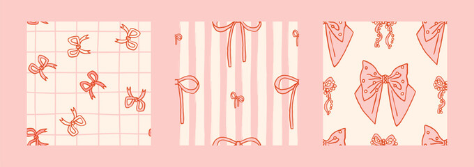 Vector colorful Bow knot, pink gift ribbon seamless pattern set. Hand drawn bow repeated illustration. Wedding celebration, holiday, party decoration gift concept. Girly coquette background collection