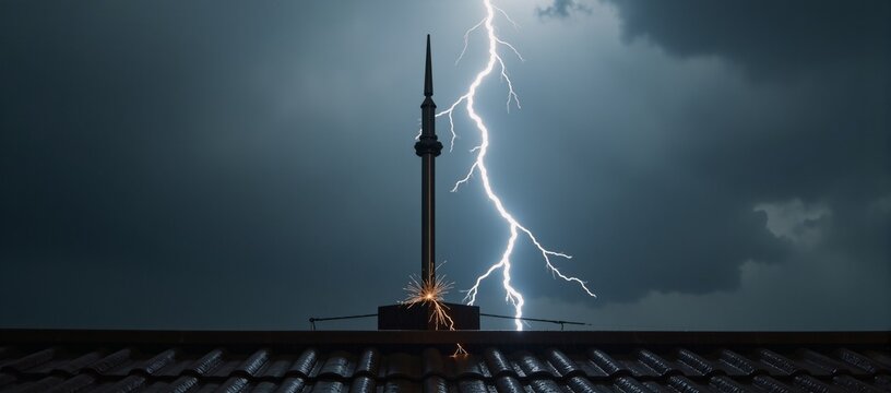 Storm-wracked rooftop with lightning rod offering protection and safety amidst swirling energy of wet weather