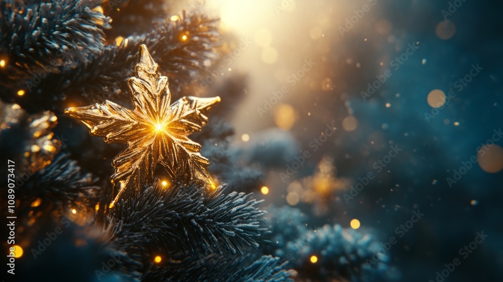 Poster a close-up of a sparkling snowflake ornament on a christmas tree, illuminated by soft lights.