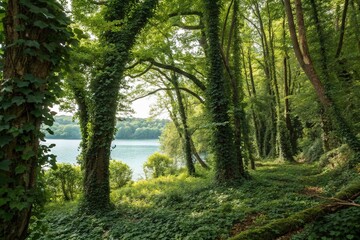 Fototapeta premium Dense forest with overgrown trees and vines obstructing the view of a serene lake, wildlife, foliage