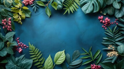 Fototapeta premium Vibrant tropical foliage frame with red berries on blue textured background, flat lay view, with copy space, perfect for exotic designs or seasonal decorations