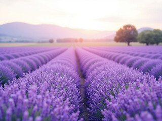 Fototapeta premium Blooming lavender field at sunset creating a scenic landscape