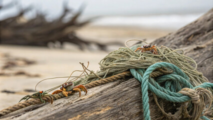 Crabs on tangled ropes and driftwood on beach, highlighting pollution impact on marine life. scene evokes concern for environment and wildlife