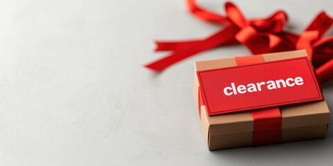 Clearance deals store displays with red ribbons concept. A small gift box with a red ribbon and a tag that reads "clearance," suggesting a sale or discount for shoppers