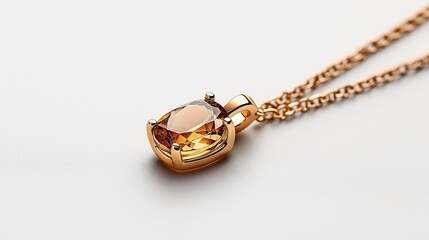 Elegant gold necklace featuring a cushion-cut amber gemstone pendant on a delicate chain, displayed on a smooth white background.
