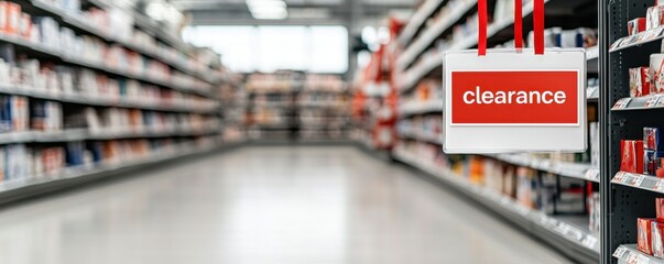 Fototapeta premium Clearance deals store displays with red ribbons concept. A retail aisle featuring shelves stocked with products, spotlighted by a prominent 