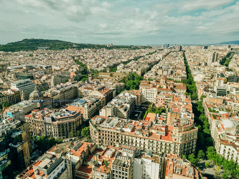 Aerial view of typical houses at Eixample residential district. Barcelona, Catalonia
