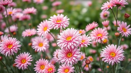 Dreamy pastel pink chrysanthemums swaying in the breeze, wind-blown flowers, bokeh, floral arrangement