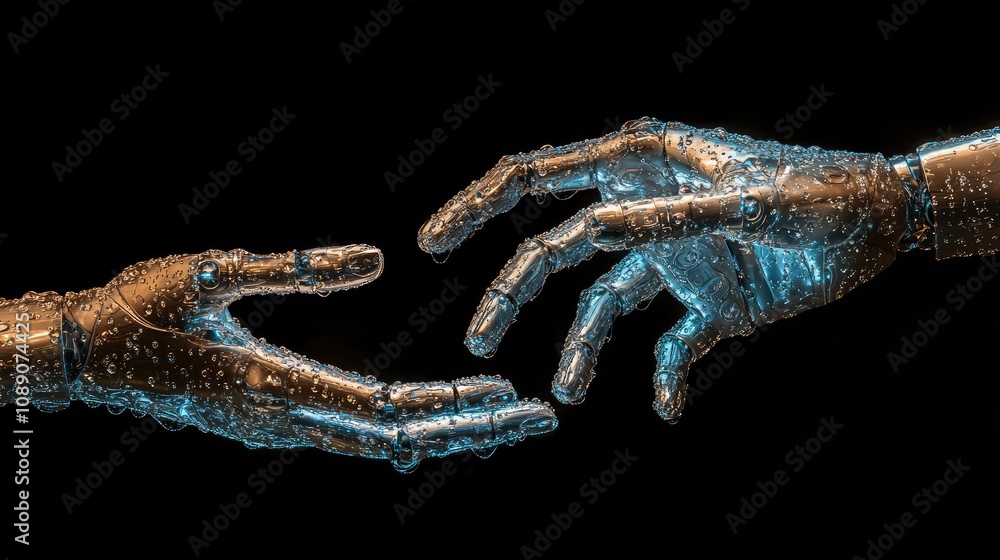 Poster a close-up of two robotic hands reaching towards each other, symbolizing connection between technolo