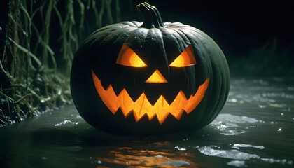 Fototapeta premium A menacing jack-o'-lantern glows in the dark, adding a spooky ambiance to Halloween.