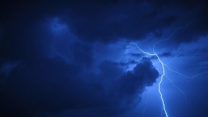 Electric blue lightning illuminates the darkening sky as a fierce thunderstorm brews in the clouds, turbulent air, electrical discharge, atmospheric conditions