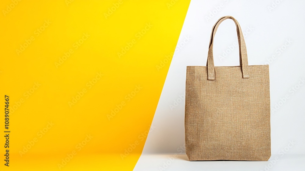 Poster plain shopping bag on split white and yellow background in minimal style