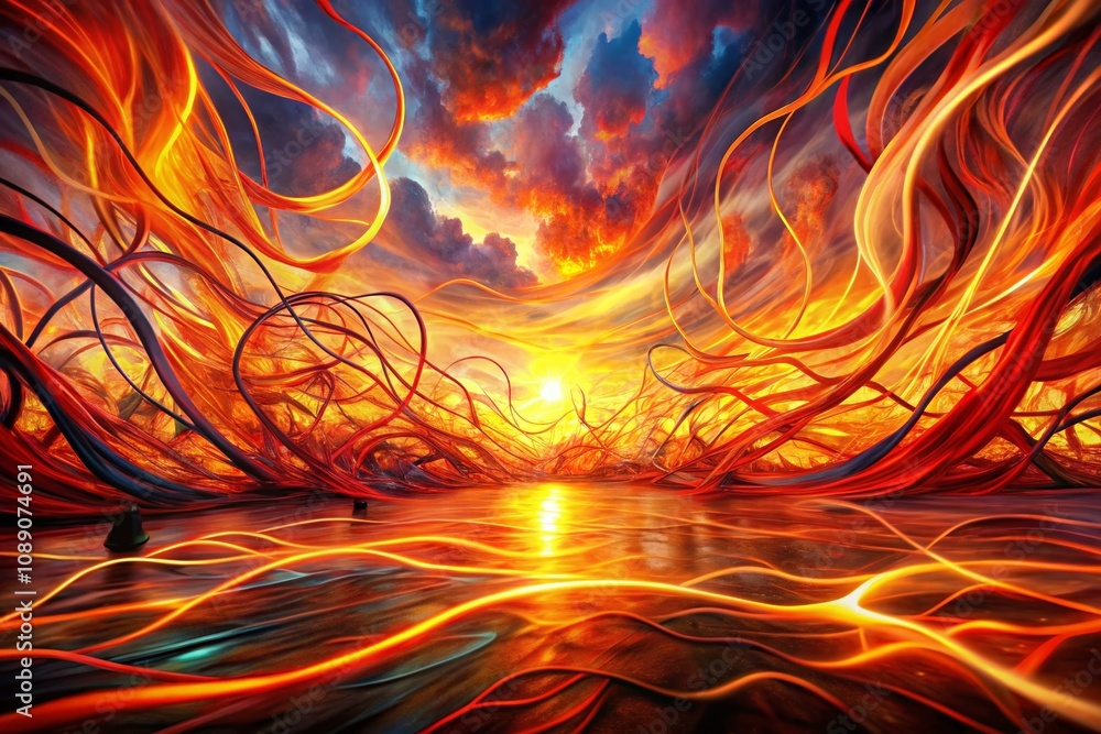 Poster a mesmerizing display of bright, chaotic, and expressive patterns of fiery lines in surreal photogra
