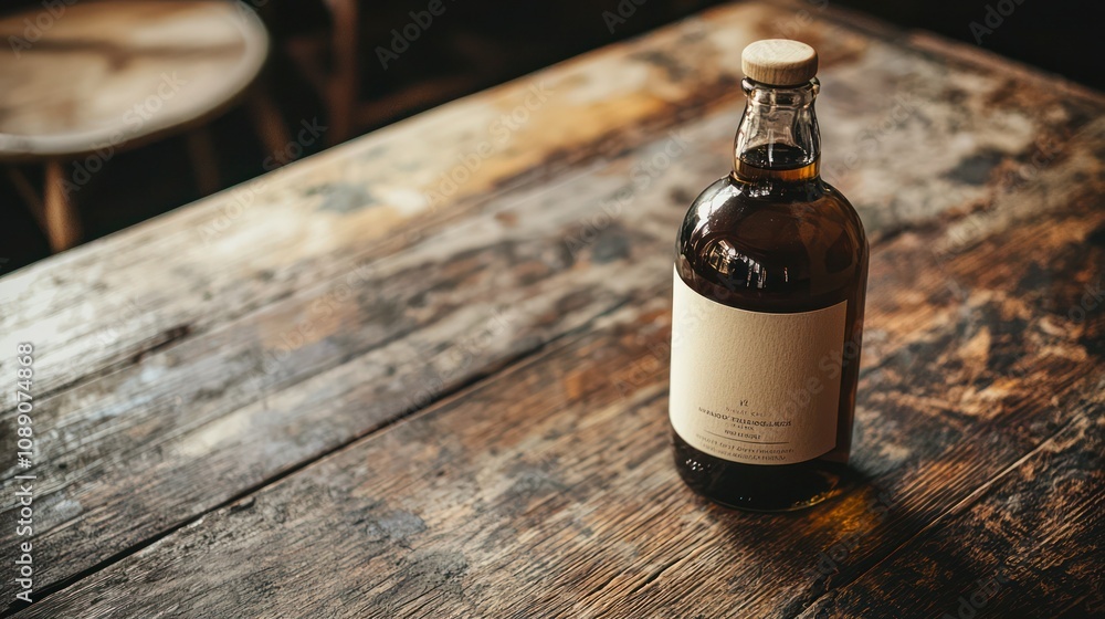 Poster a close-up of a bottle mock-up with a minimalist label design, set on a rustic wooden table