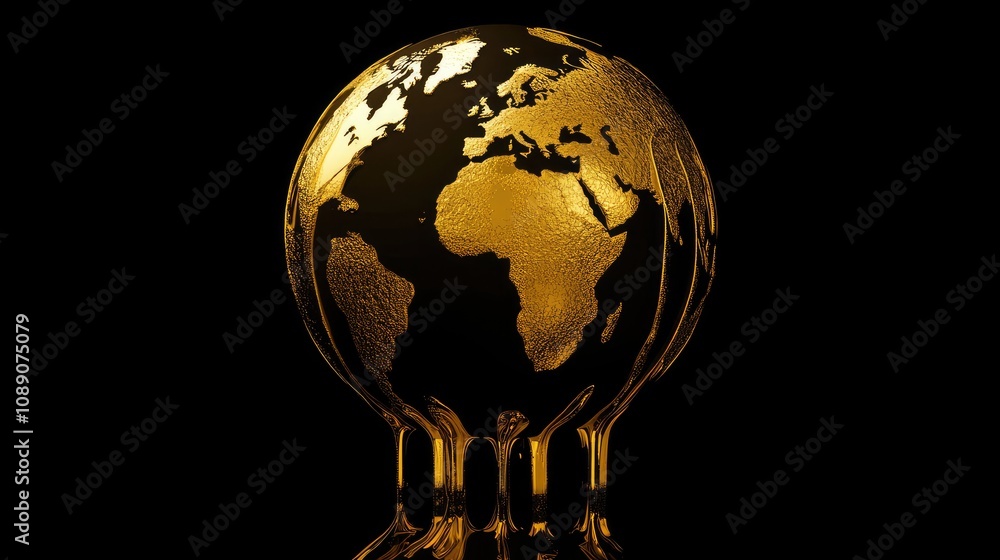 Poster golden globe representation of world map emphasizing africa with glossy finish against dark backgrou
