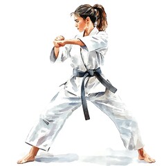Karate Woman Watercolor.  A young woman in a karate gi demonstrates a fighting stance.