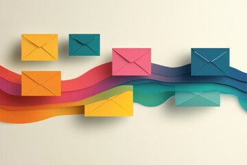 Colorful envelopes float above vibrant, wavy lines, creating a playful and modern visual representation of communication and creativity.