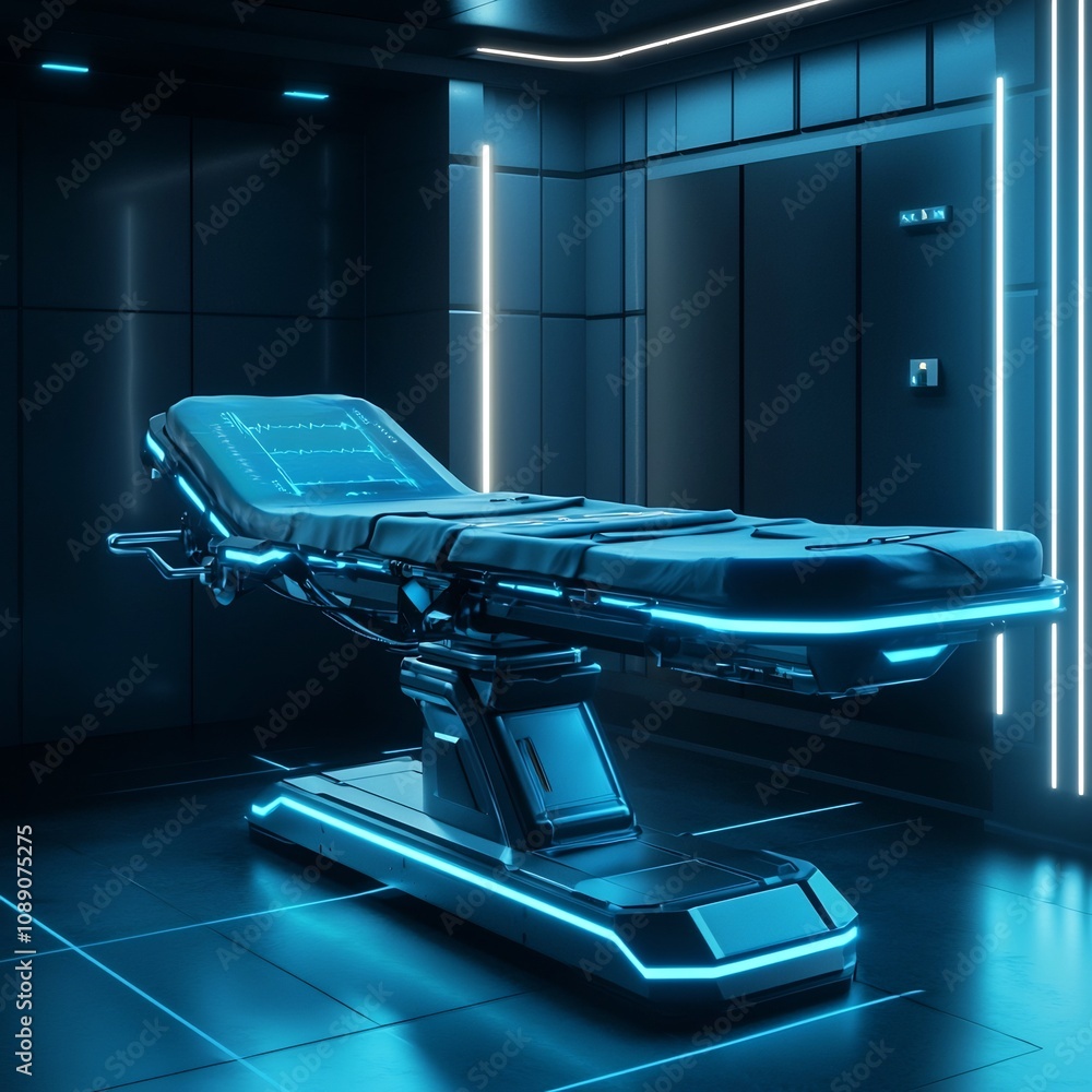 Poster futuristic adaptive operating table for precise robotic surgeries in medical technology concept