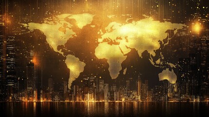 Fototapeta premium Golden World Map Overlayed with Urban Skyline, Sparkling Lights, and Shimmering Background – Ideal for Business, Travel, and Innovation Themes