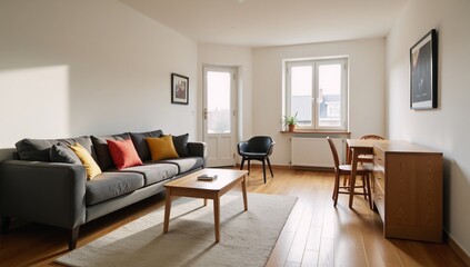 Fototapeta premium Cozy home studio featuring living area with seating and dining setup by window