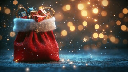 A festive red sack overflowing with colorful gifts, set against a sparkling, magical background.