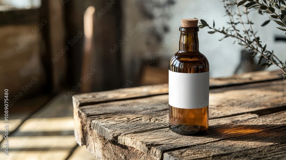 Poster a close-up of a bottle mock-up with a minimalist label design, set on a rustic wooden table