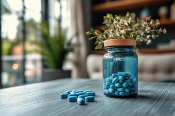 Blue pills spilling from glass jar on table: promoting health and wellness