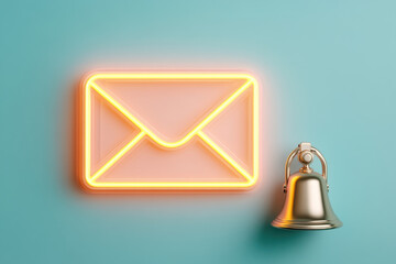 A neon envelope sign is illuminated against a blue background, accompanied by a golden bell, symbolizing notifications or messages.