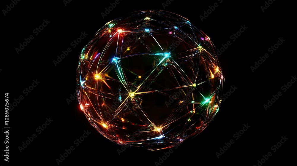 Poster colorful spherical geometry with interconnecting lines and dazzling lights against a dark background